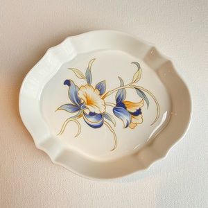 Aynsley Just Orchids vintage bone china trinket dish with blue flowers on white